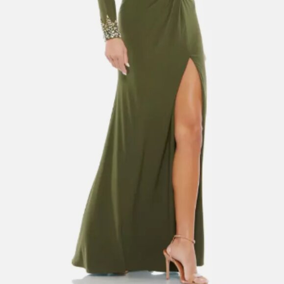 MAC DUGGAL 55696 ONE SLEEVE BEADED CUFF SIDE TWIST THIGH SLIT OLIVE GOWN sz 16 - Picture 4 of 6